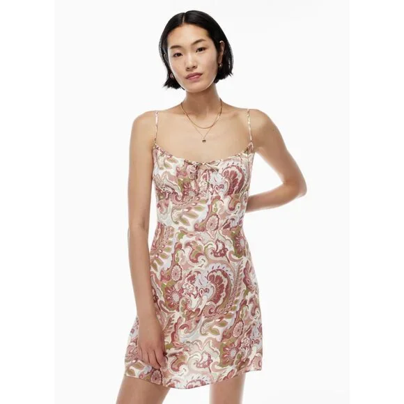 Aritzia WILFRED Bellow Paisley Floral Crepe Gathered Mini Slip Dress, Size 2 - Picture 12 of 16